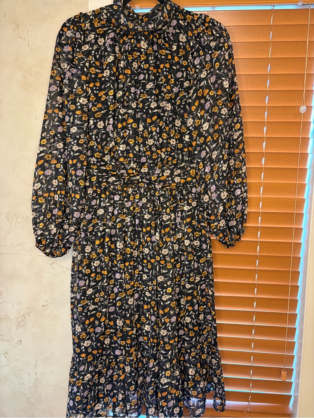 Black Floral Long-Sleeve Midi Dress with Mustard & Lavender Blossoms